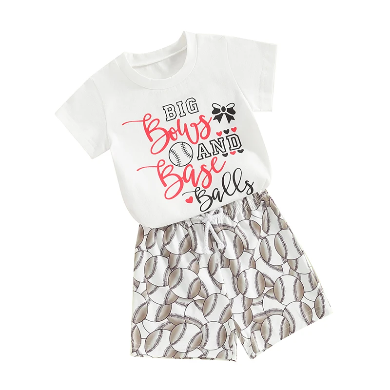 

Toddler Girls Summer Clothes Short Sleeve Letter Print T-Shirt Baseball Pattern Shorts Set 2Pcs Outfit