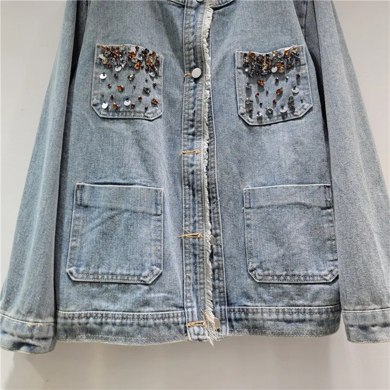 Heavy Work Beaded Diamond Big Pocket Blue Denim Jacket Autumn Women Casual Round Neck Multi-Pocket Long Sleeve Cowboy Outerwear