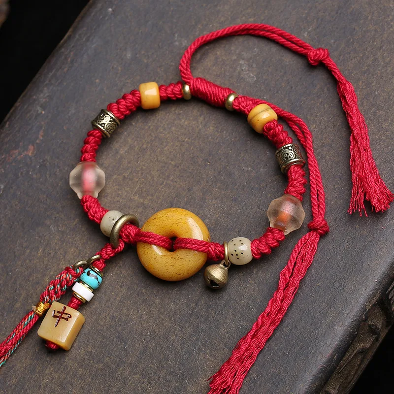 Tibetan reflux bone peace buckle bracelet ground carving dice red in glaze this year of life braided red rope bangles for women