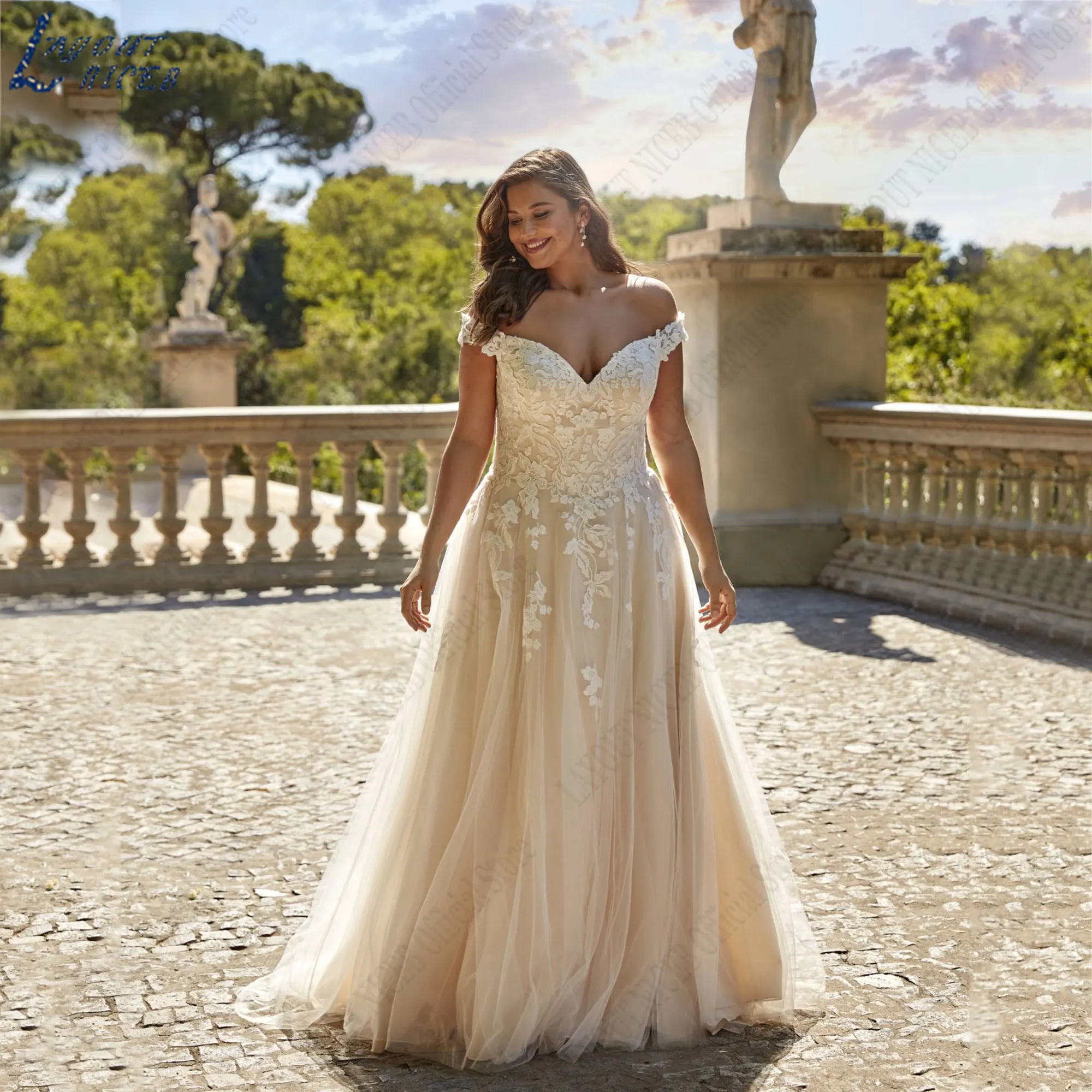 LAYOUT NICEB Off spalla Appliques abiti da sposa scollo a cuore senza maniche abiti da sposa Plus Size Tulle abiti novias bodaLAYOUT NICEB Off Shoulder Appliques Abiti da sposa Sweetheart collo senza maniche Abiti da s