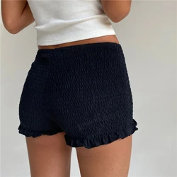 Women's Shirred Shorts Casual Elastic Waist Solid Color Ruffled Short Pants for Summer Low Waist Sport Shorts