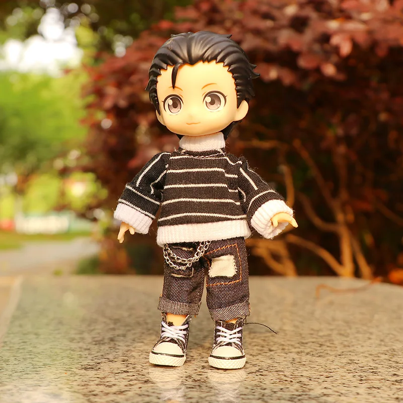 Distressed Ripped Denim Doll Pants With Detachable Metal Waist Chain Cuffed Hem Jeans 10cm Cotton Doll OB11 1/12 BJD Accessories