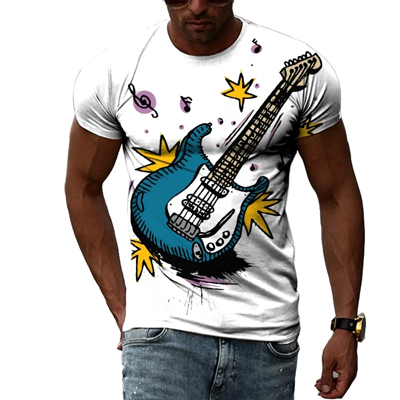 Summer New Hip-Hop Style Men's T-Shirt 3D Taste Printing Casual Personality Electric Guitar Graphic Oversized Short-Sleeved Top