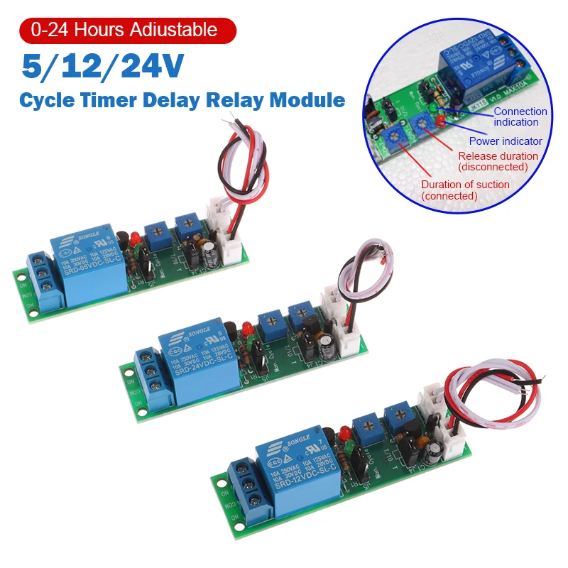 調整可能なサイクルタイマー遅延リレーモジュール,オン/オフ遅延,トリガー制御スイッチ,DC 5v,12v,24v,0〜24時間