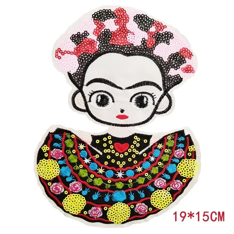 Mexican Flowers Headwear Girls Iron on Patches Cartoon Characters Sequins Embroidery Patch for Clothing  Accessories Bag Sticker