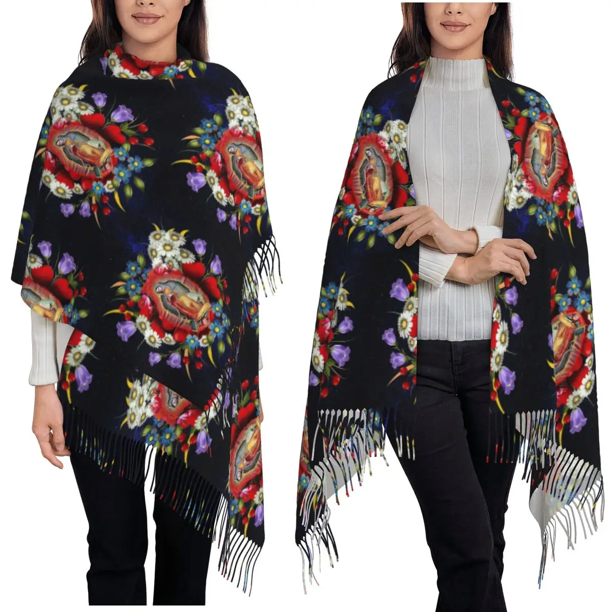 

Our Lady Of Guadalupe Mexican Virgin Mary Mexico Flowers Tilma Scarf Tassel Scarves for Women Shawls and Wraps Long Shawl Wrap