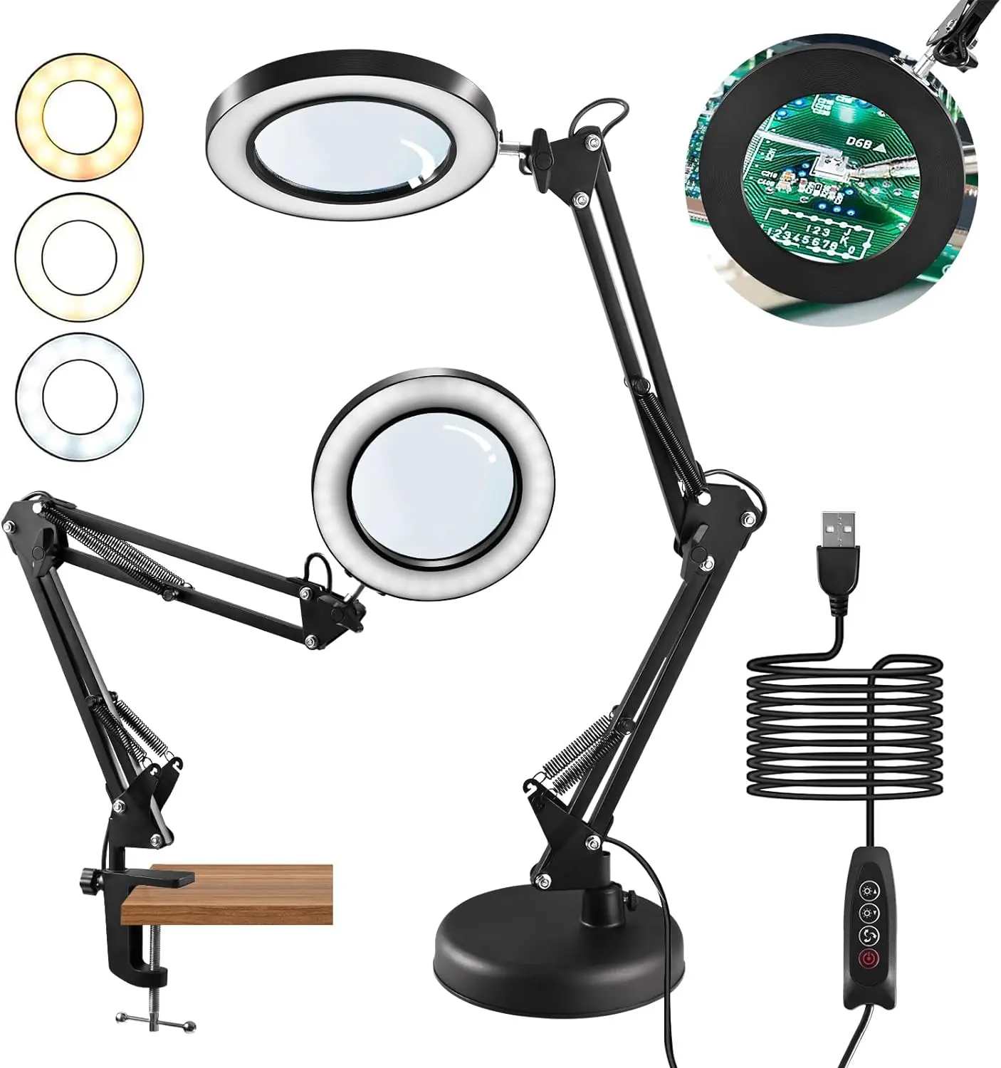 Magnifying Lamp on Stand, 10X Desktop Magnifying Lamp, 3 Color Modes, 10 Level Dimmable, with Base and Clip, Magnifying Lamp