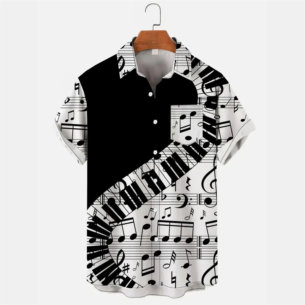 Camisa hawaiana con estampado de notas musicales en 3D para hombre, camisa informal holgada de manga corta, ropa de gran tamaño, 2023