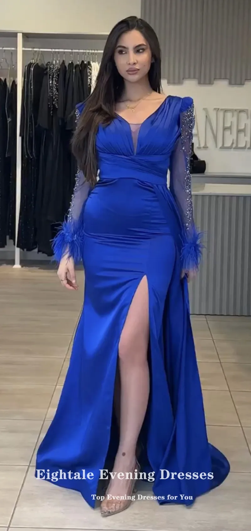 Eightale Luxury Evening Dresses Wedding Party Satin V-Neck Beaded Royal Blue Mermaid Long Sleeves Prom Party Gowns with Feather