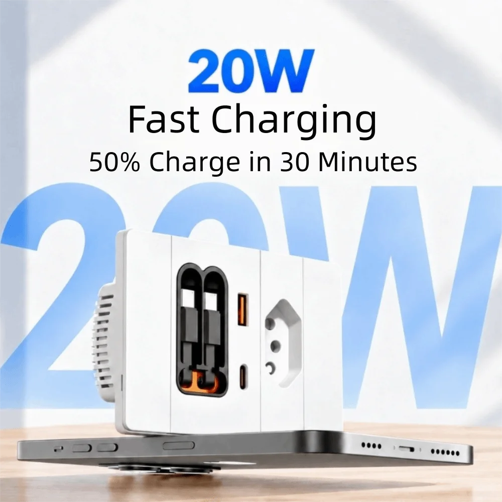 With Retractable Cable 118 Type Brazil Socket Panel Multi-hole Type-C USB Fast Charging Socket 20W USB Fast Charging Brazil Type