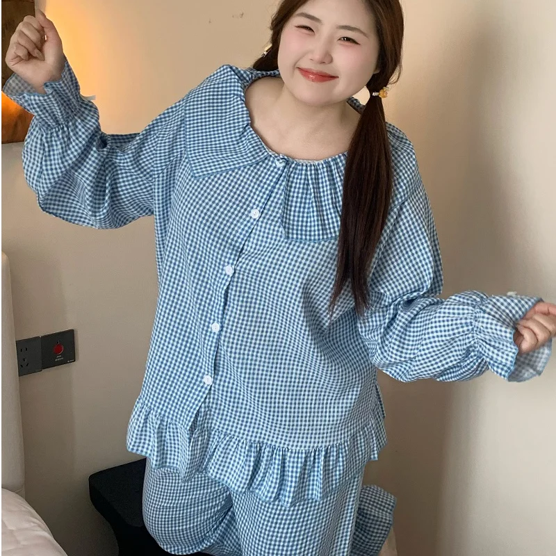 

Комплект из 2 предметов: женская пижама больших размеров, синяя в клетку, с рюшами, для женщин, весенняя новинка, повседневная, мягкая, с длинным рукавом, для сна