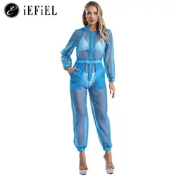 Adult Sheer Mesh Hoodie One Piece Jumpsuits with Pockets Women Sexy Overall Bodysuits Club Rave Dance Costume