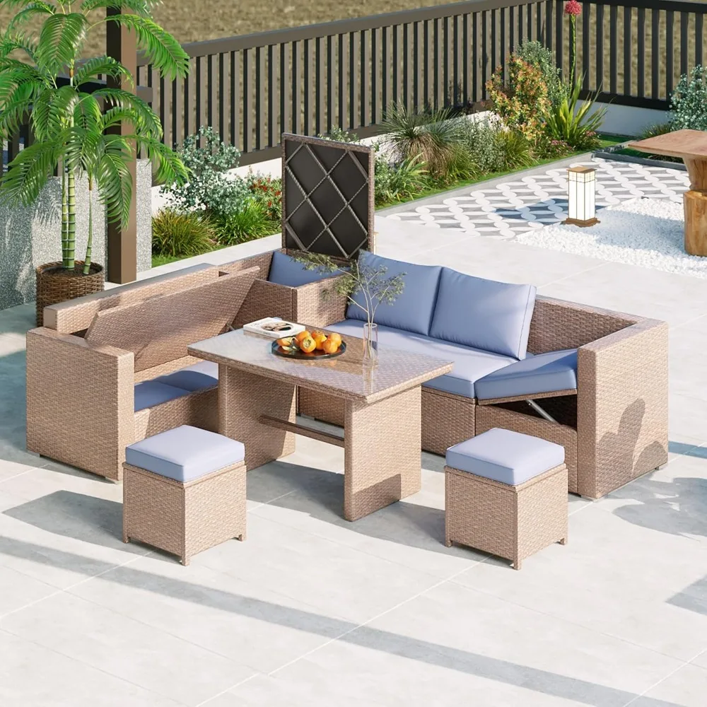 

6-Piece Outdoor PE Wicker Patio Furniture Set, All Weather Outdoor Conversation Sectional Sofa Set with Adjustable Seat