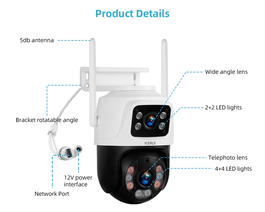 KERUI 6MP WIFI IP Camera Outdoor PTZ Dual Lens Dual Screen Auto Tracking Waterproof Security Surveillance Police Light Alarm