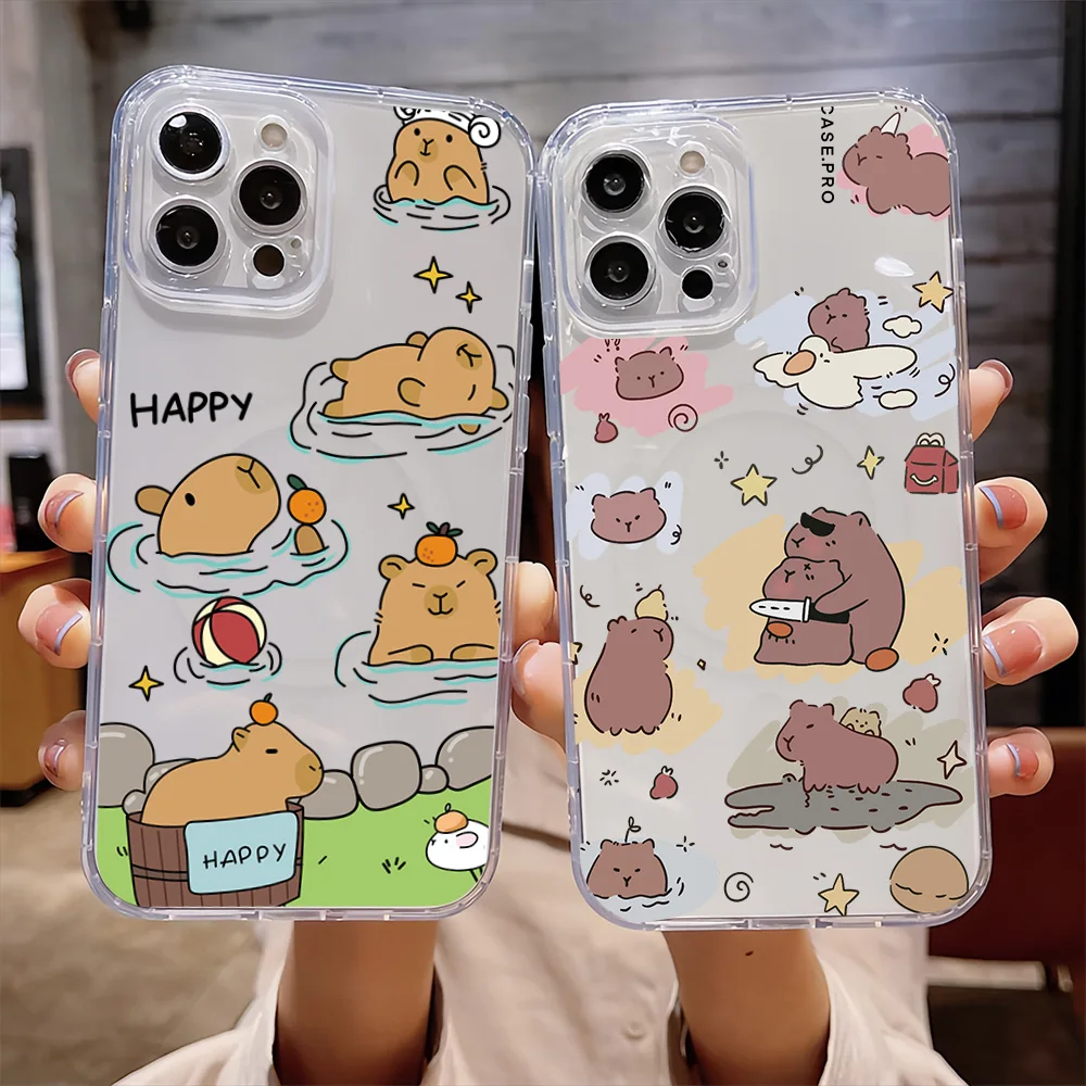 Cute and interesting Capibala For IPhone 16 15 14 13 12 11 Pro Max Plus Transparent Magnetic Suction Phone Case