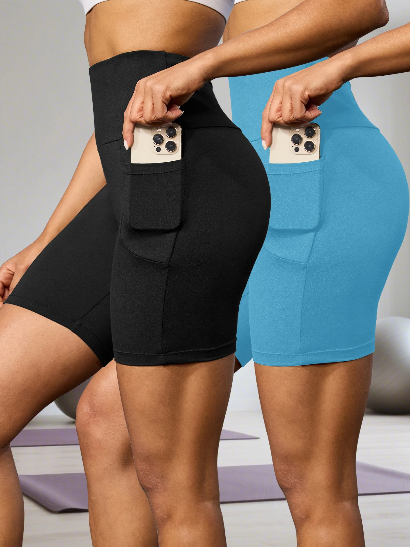 

2 pack High Waisted Biker Shorts For Women With Pockets Super Soft Tummy Control Workout Running Yoga Athletic Shorts