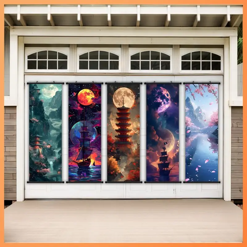 VIKAMA 5 Pcs Anime Moon Hanging Scroll Set Landscape Pirate Ship Pagoda Poster Vertical Wall Art for Living Bedroom Decor