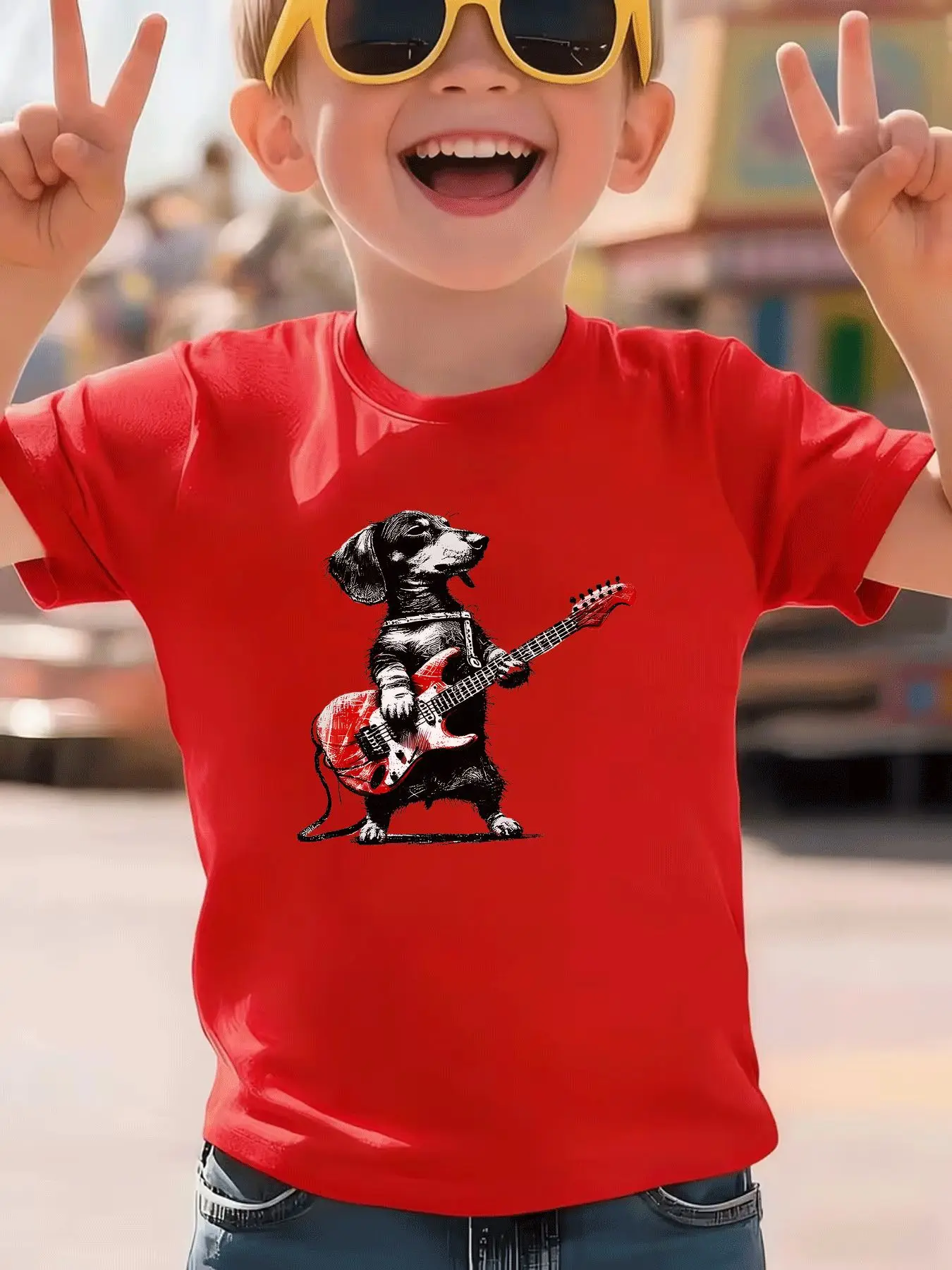 Leisure Street Style Guitar Playing Dachshund Print Children's T-shirt Summer Holiday Gift Daily Casual Parent-child Outfit