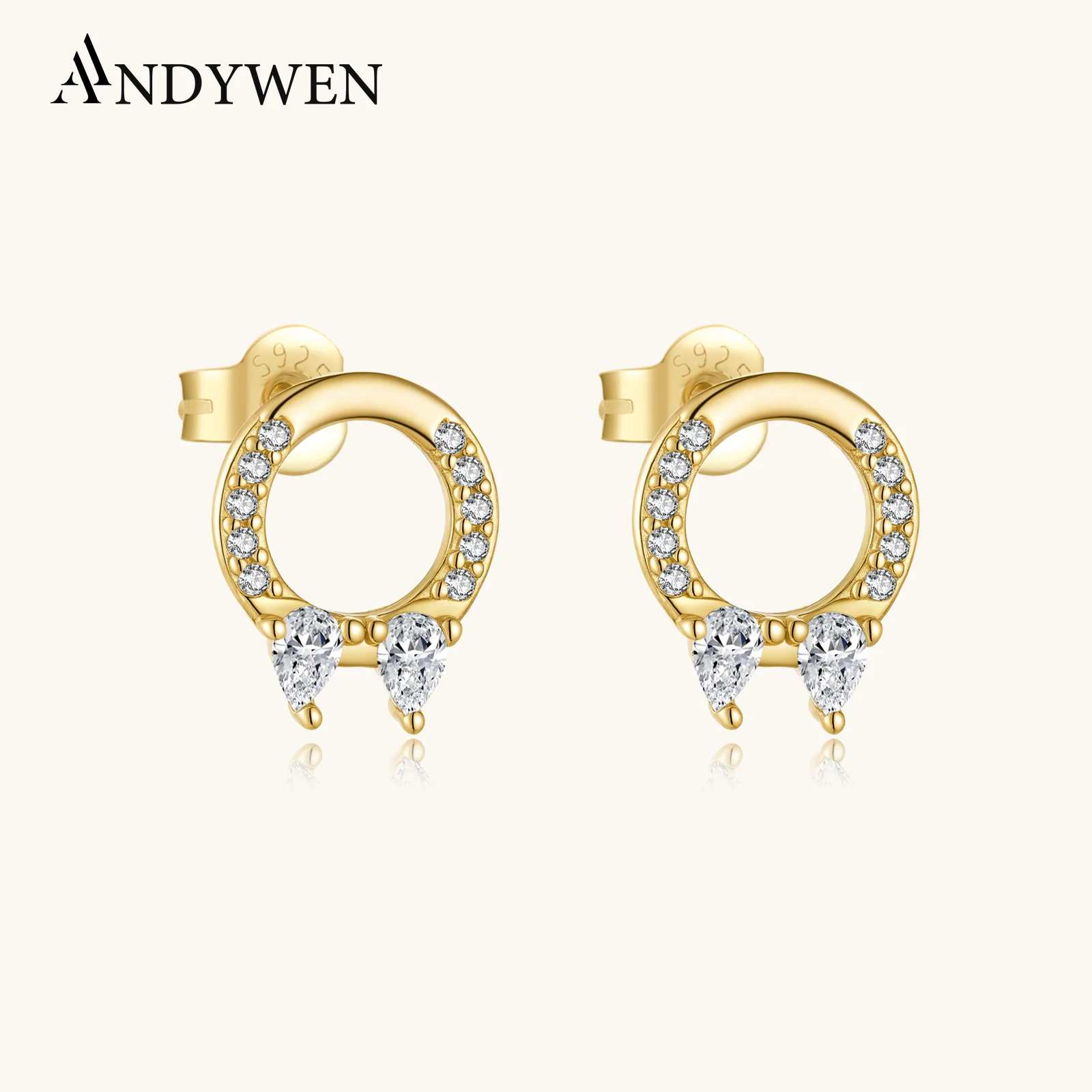 

ANDYWEN 925 Sterling Silver Gold Stud Earrings Cubic Zirconia Teardrop Drop, Minimalist Casual Everyday Luxury Gift for Women