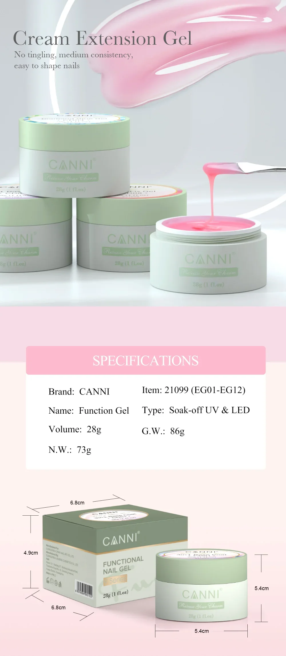 28 g Canni Creamy Extention Builder Nagelgel, selbstnivellierend, kein Brennen, Soak Off UV Construction Semi Permanent Nail Gel Polish – Detail 2