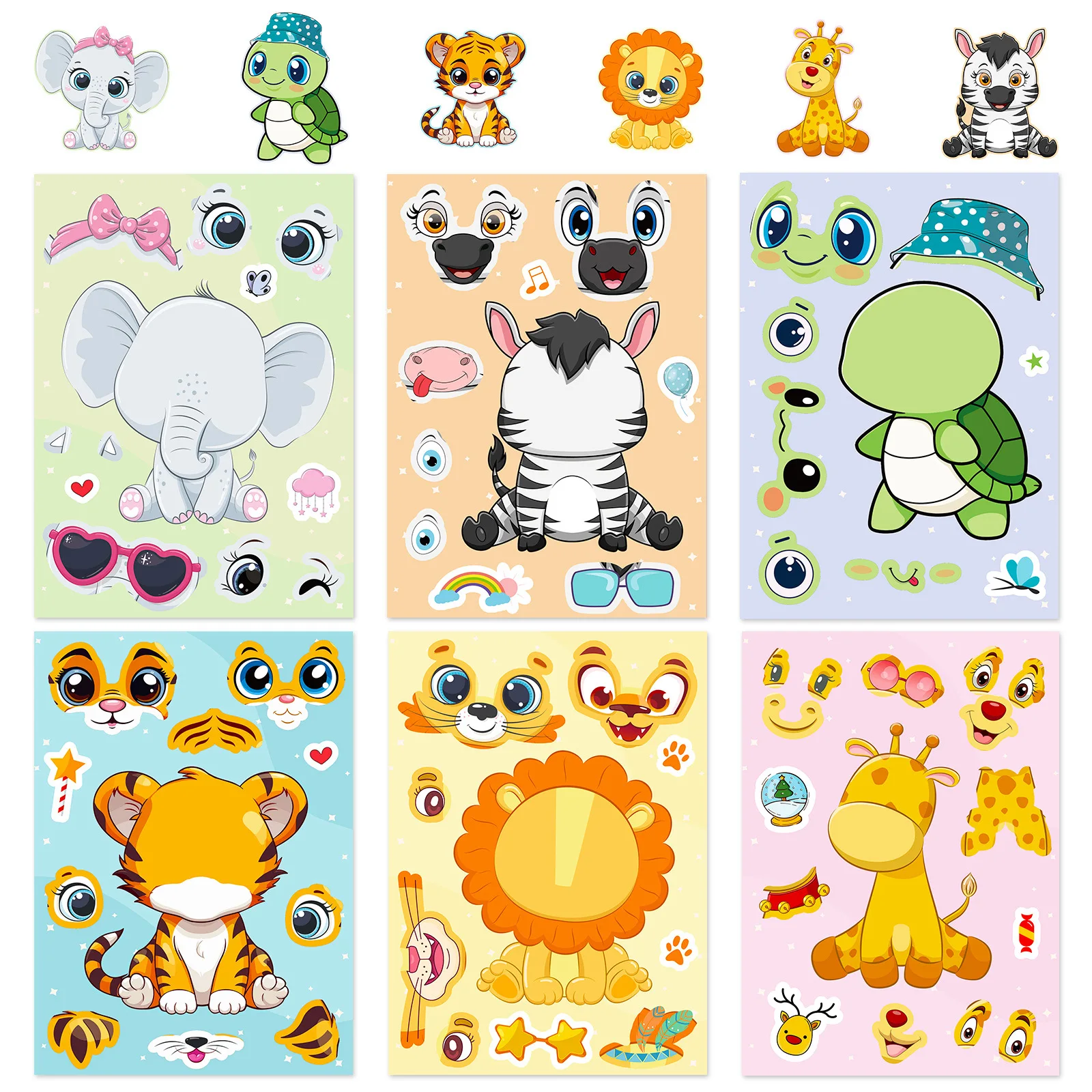 6pcs animal face changing stickers cartoon cute little animal giraffe turtle tiger DIY facechanging stickers Children\'s toys