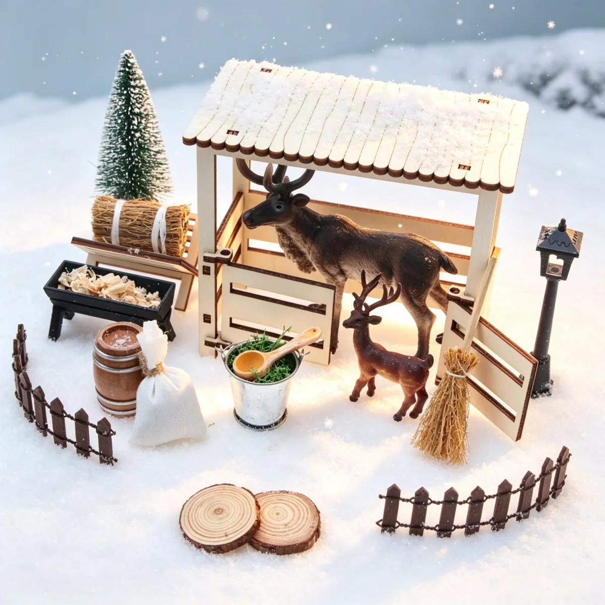 1set Mini Christmas Elf Reindeer Miniature Wooden Stable Barn Farm Scene Model Christmas Decoration Accessories Desktop Craft