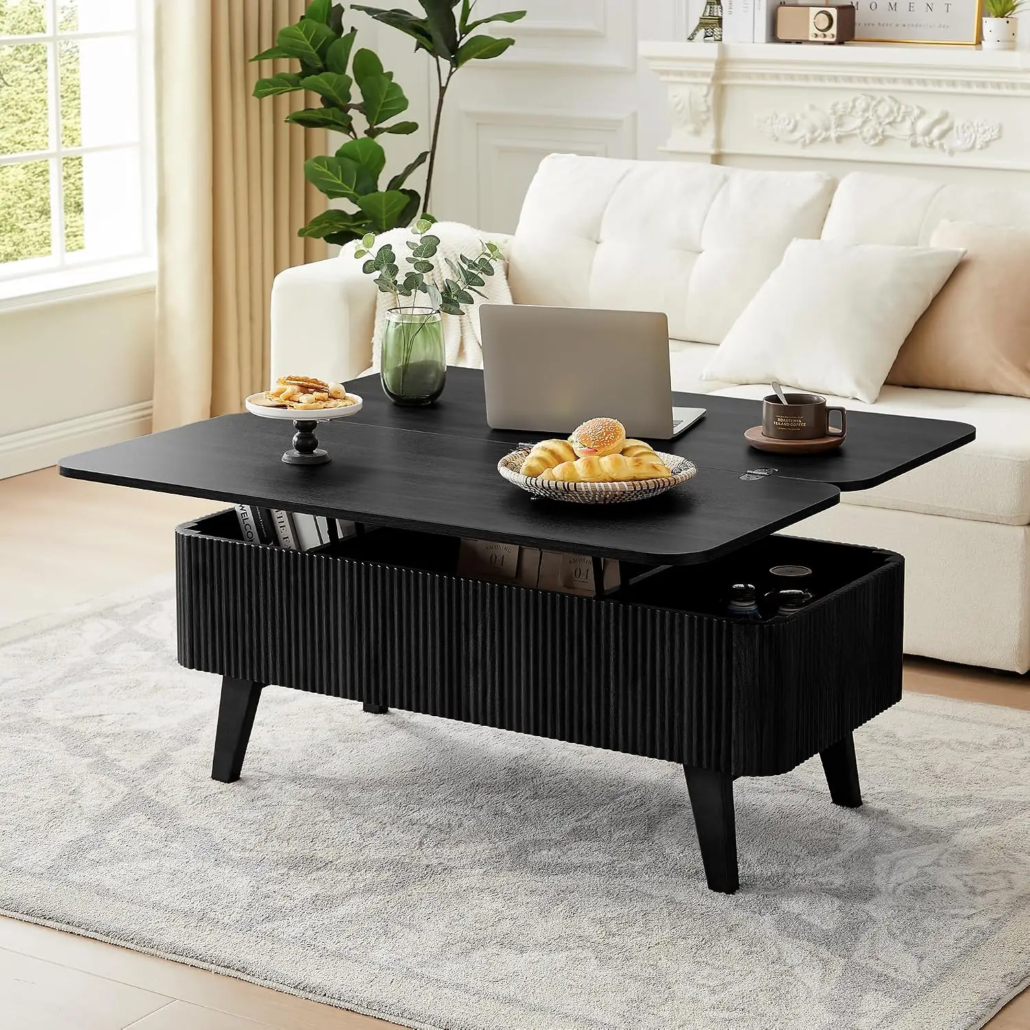 Fluted Lift Top Coffee Table 3 in 1 Convertible Dining Table Oval Wooden Storage Table , Customized