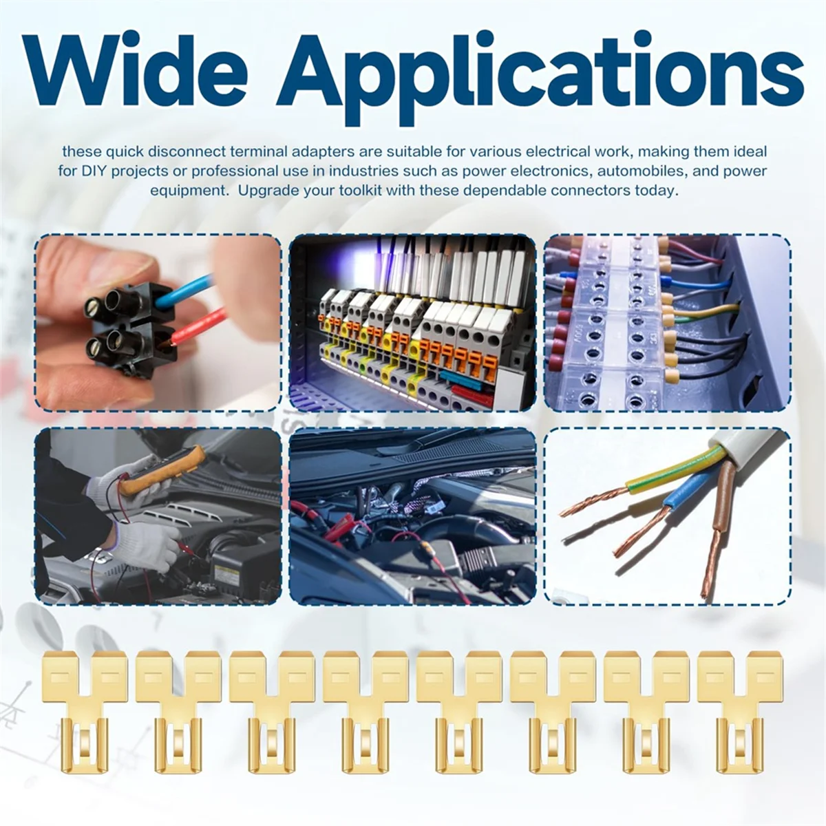 A67I 8Pcs Double Back Spade Connector Quick Disconnect Electrical Two-Way Wire Terminal Adapter Non-Insulated Male Single