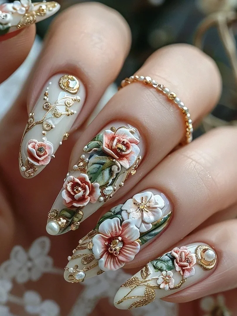 24 pièces fleur couverture complète Nail Art longue amande faux ongles avec poudre brillante dorée conception presse sur ongles faux ongles conseils