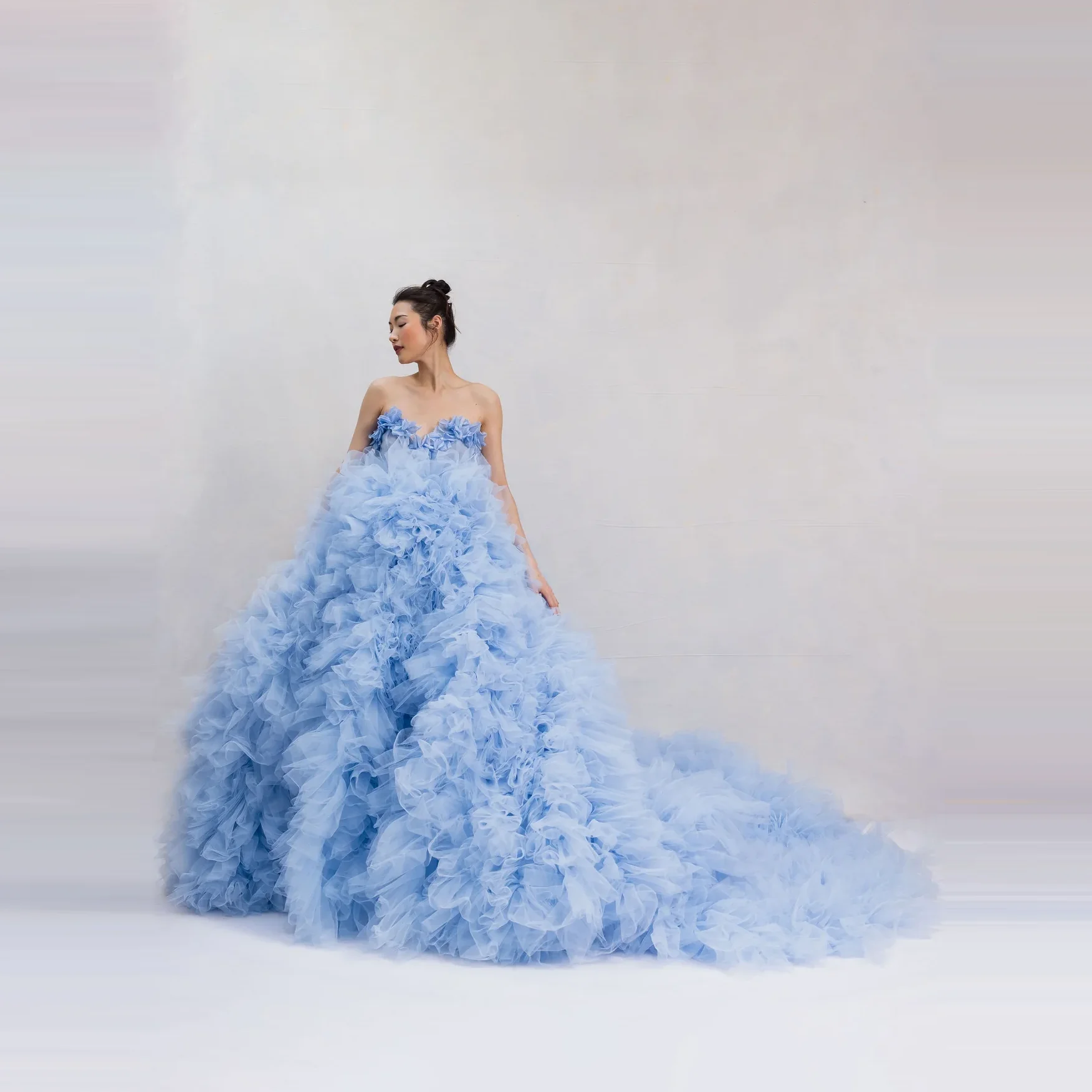 

Dream Tulle Party Prom Gowns Layered Dress Luxury Ball Gown 3D Floral Blue Maxi Dresses Backless for Wedding Vestidos de festa