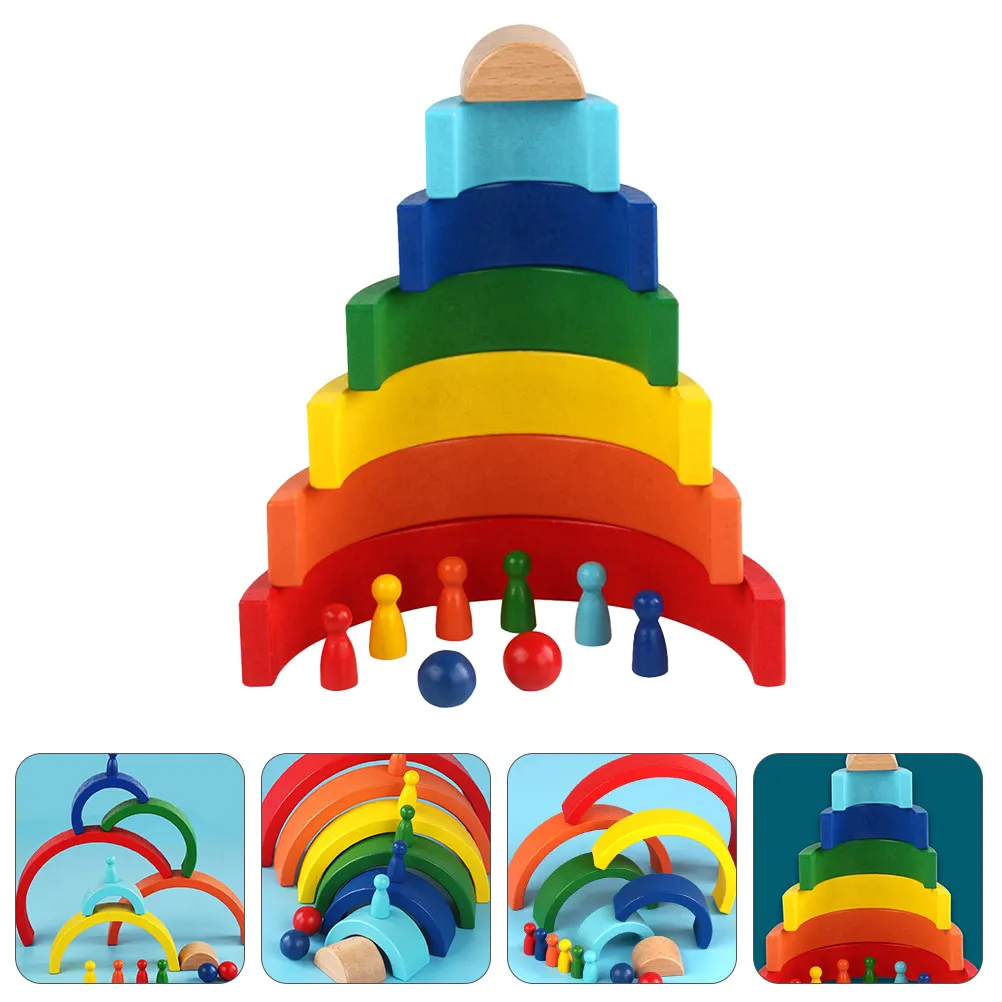 

1Set Wooden Rainbow Stacking Blocks Set 7 Arcs 6 Rainbow Men 2 Balls for Kids Color Recognition Hand-Eye Coordination