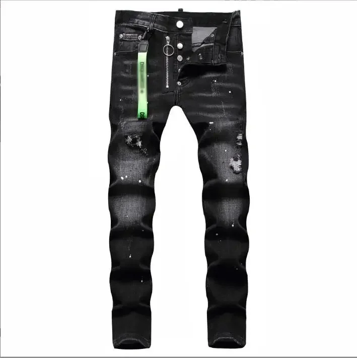 2024 European and American Personalized Men's Ripped and Torn Fashionable Trendy Black-painted Elastic Slim-fit Jeans.