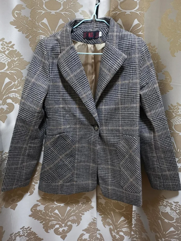 PEONFLY Vintage Office Lady karbowany kołnierzyk Plaid Women Blazer zapinany na jeden guzik jesienna kurtka 2022 casualowe kieszenie damskie