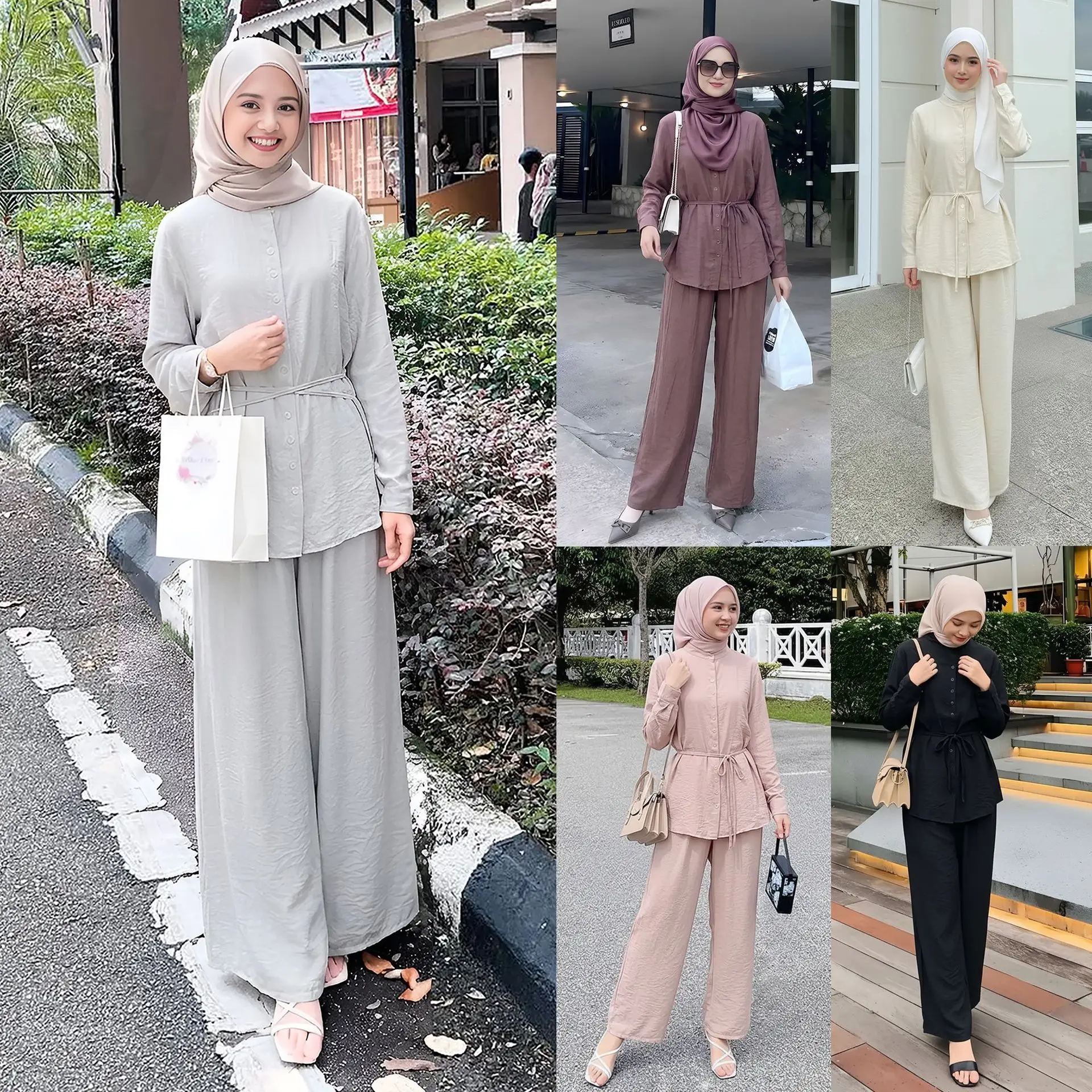 

Muslim Set Women Shirt Wide Leg Pants 2 Piece Suit Single Breasted Lace Up Top Eid Arabic Outfits Morocco Dubai Casual Ensemble