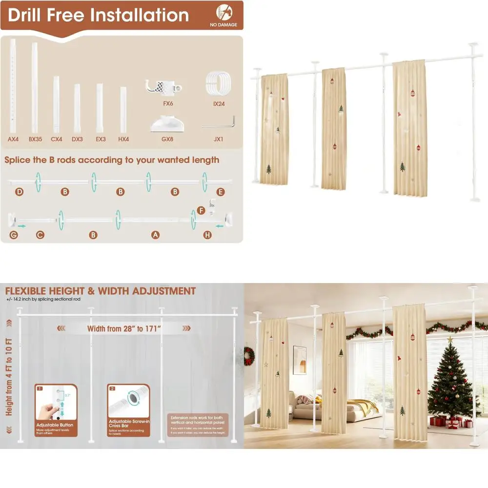 

Freestanding Adjustable Room Divider Curtain Rod, No Drilling, 4-10ft Height, 28-171inch Width, Heavy Duty Partition for Space S