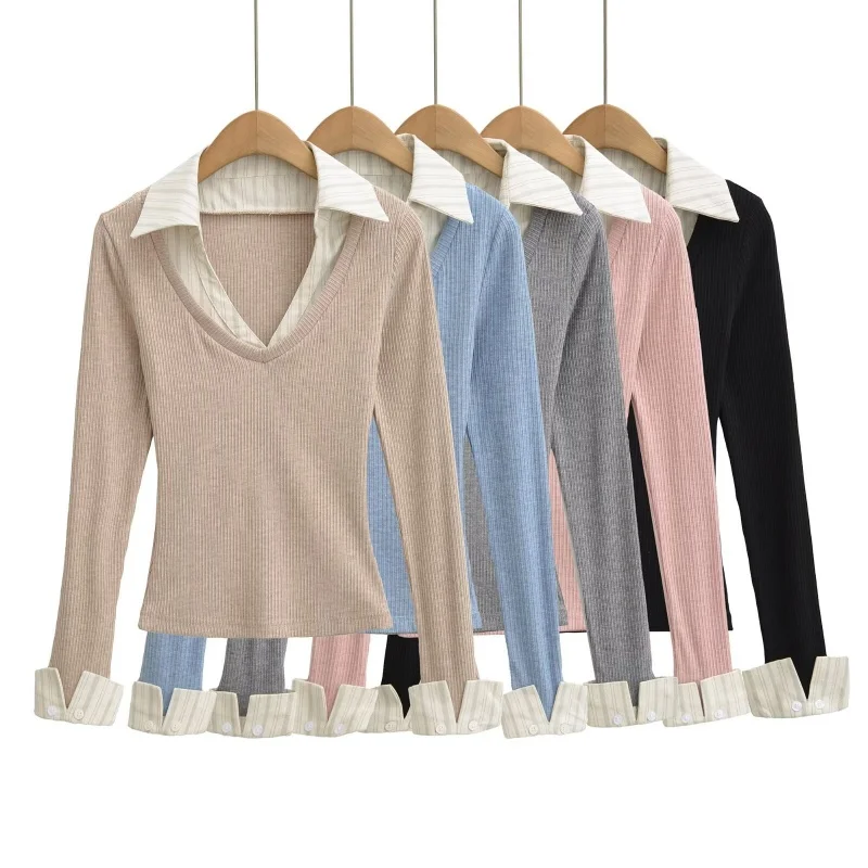 

Autumn Winter Knitted Long Sve T-irt irt Collar Splice V-Ne Base Layer Top Women's Faion Ladies' Premium Clothing