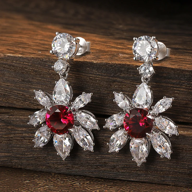 Flower Design Pigeon Blood Center Round Ruby Side Pear Marquise Round White Gemstone Silver Earring Stud High Quality Earring
