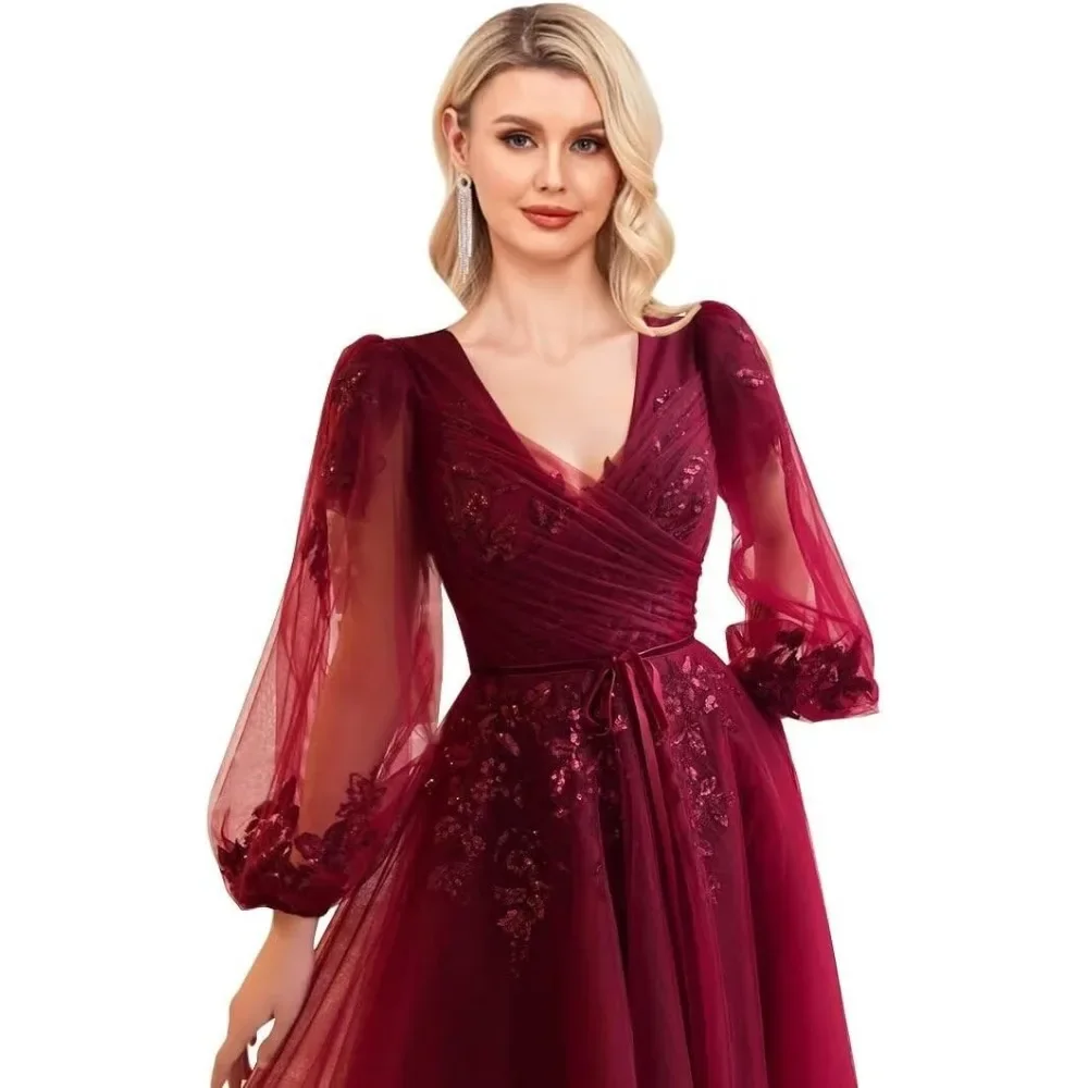 Wakuta-Robe de Bal à Manches sulfet Col en V pour Femme, Tenue de Soirée Formelle en Tulle à Paillettes