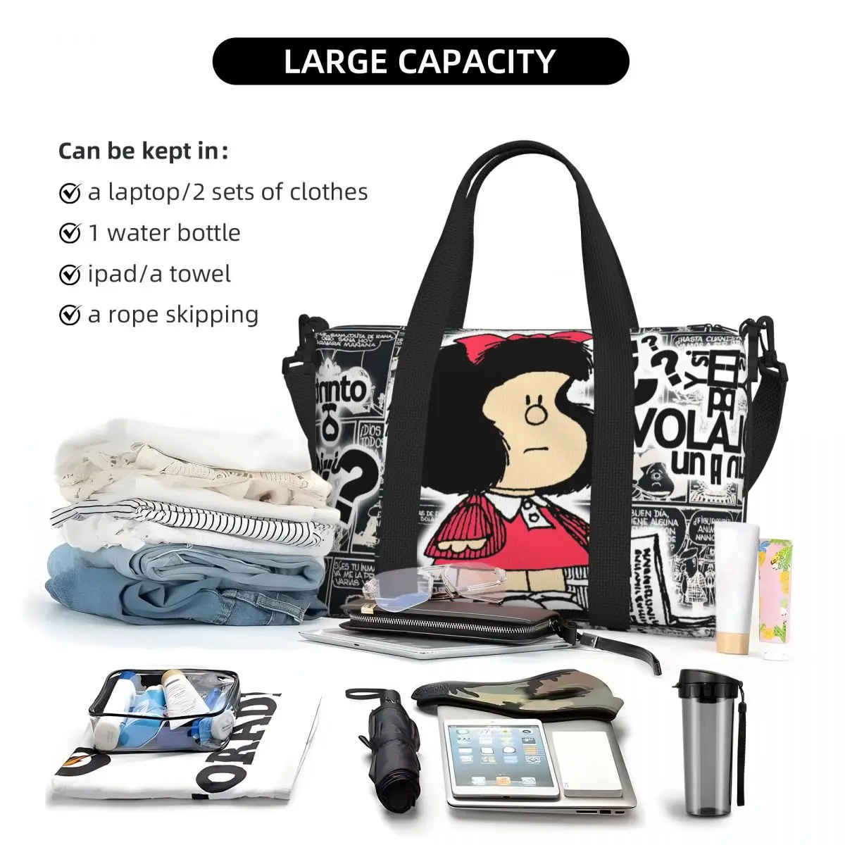 Custom Vintage Quino Comic Mafalda Tote Bag Women Large Capacity Cartoon Mang Beach Gym Shoulder Travel Bag