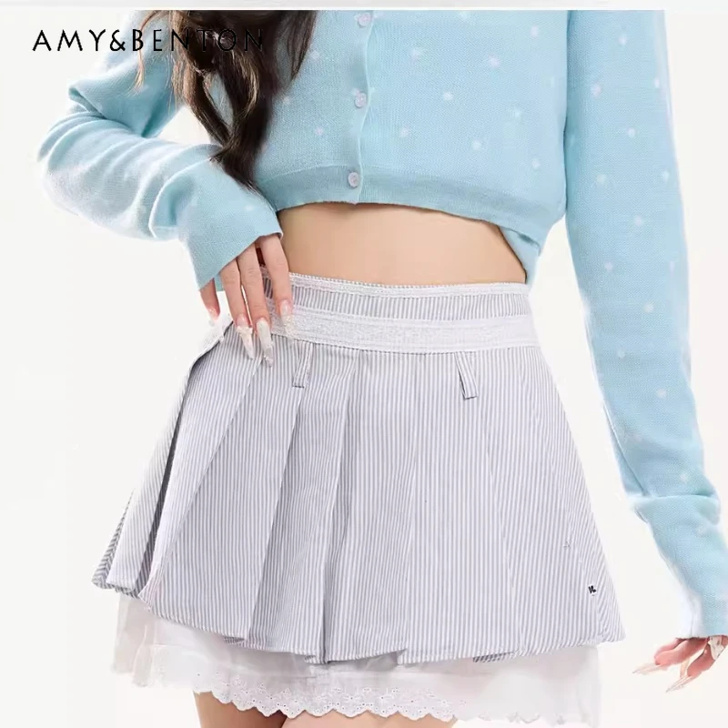 

2026 Summer New Fake Two-piece Lace Splicing Women's Pleated Skirt Original Design Striped Anti-light Design Short Skirts Ladies