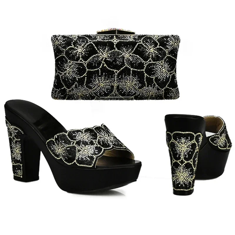 New Design Italian Shoes and Bag Set Decorated with Rhinestone Nigeria Shoes with Matching Bags Wedges Shoes for Women