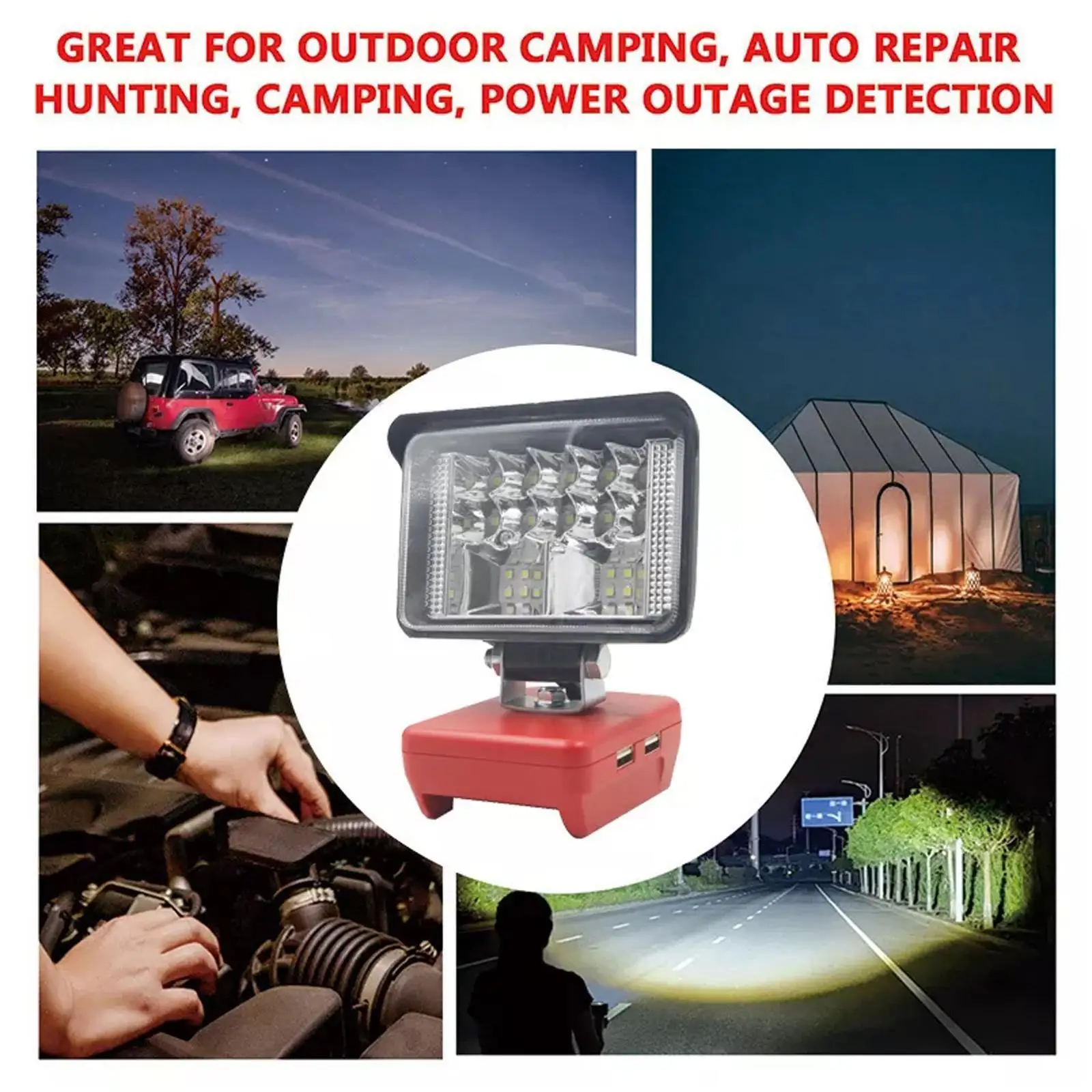 Outdoor LED trabalho luz com bateria de lítio, holofotes, carro trabalho luz, adequado para Milwaukee M18, 18V bateria