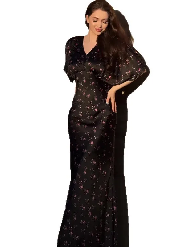 Ele imprimé fleuri V-Ne ort Sve Dr femme taille haute Fi Tail jupe longue moulante coton Polyester mélange Dr