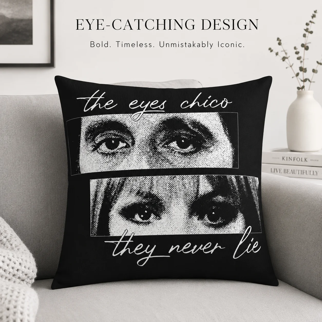 

The Eyes Never Lie Letter 2D Flat Printed Pillowcase Peach Skin Halftone Graphic Couch Cushion Cover Living Room Decor