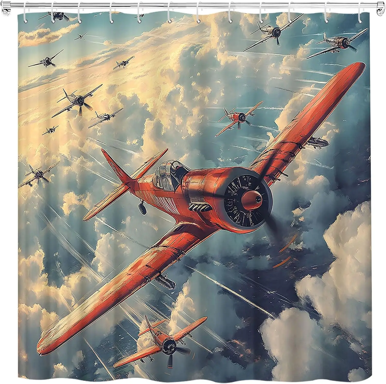 Plane Airplane Shower Curtain Vintage Airliner Through Clouds Airport Aviation Themed Classic Aircraft Flying Men Boys Shower