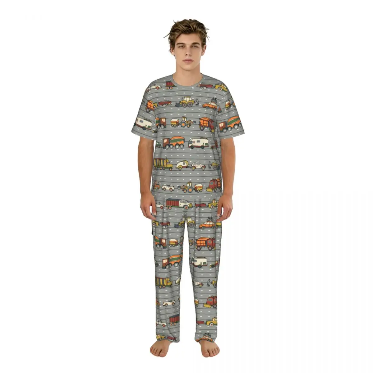 Sleepwear Summer Spring Home Clothes Trucks Illustration Short Sleeve Long Pant Nightwear