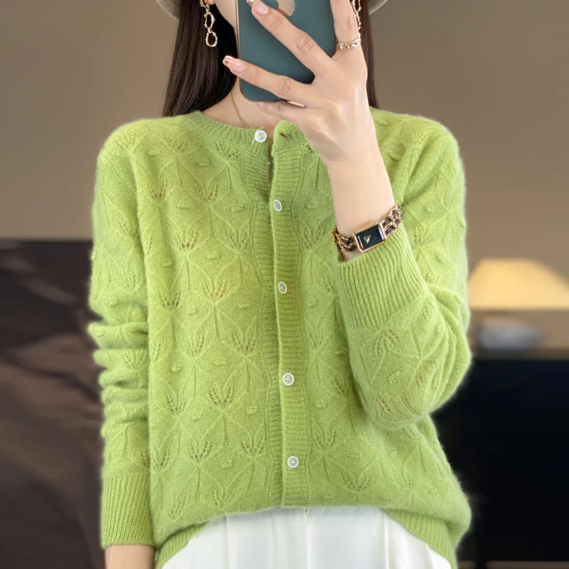 

Spring and autumn new women's cardigan 100% merino sweater O-neck hollow elegant cashmere knitted coat fashion coat