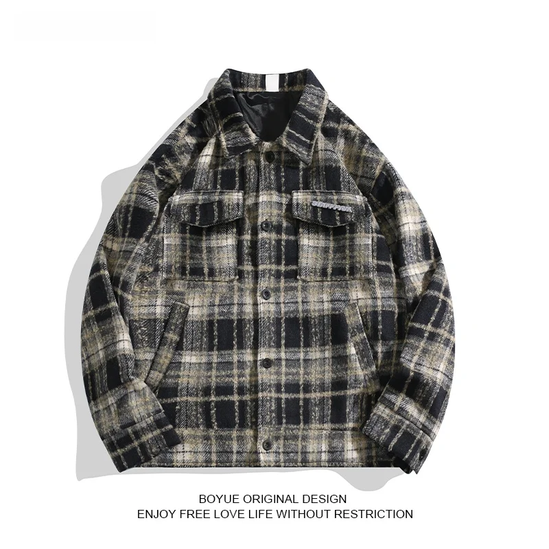 

Boyue Casual Plaid Woolen Coat Men's ort Sle Hong Kong Faion Large Coat Youth Trend Winter Season Loose Fit Sle