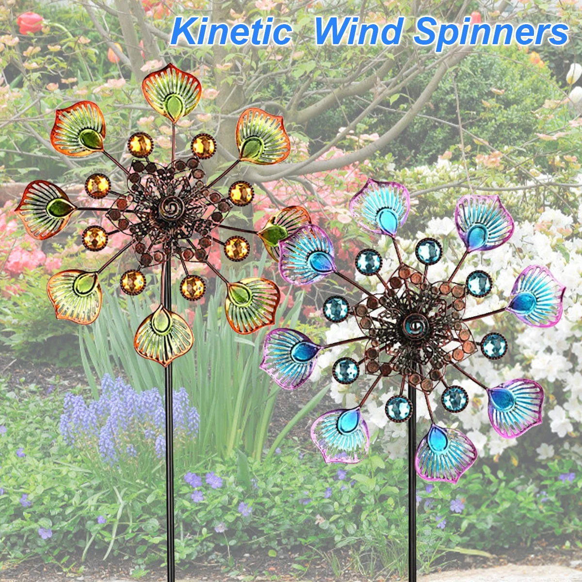 Outdoor Metal Wind Spinners Weather Resistant Wind Spinners with Stable Stake 90cm Peacock Tail Wind Spinners Metal Wind Mill