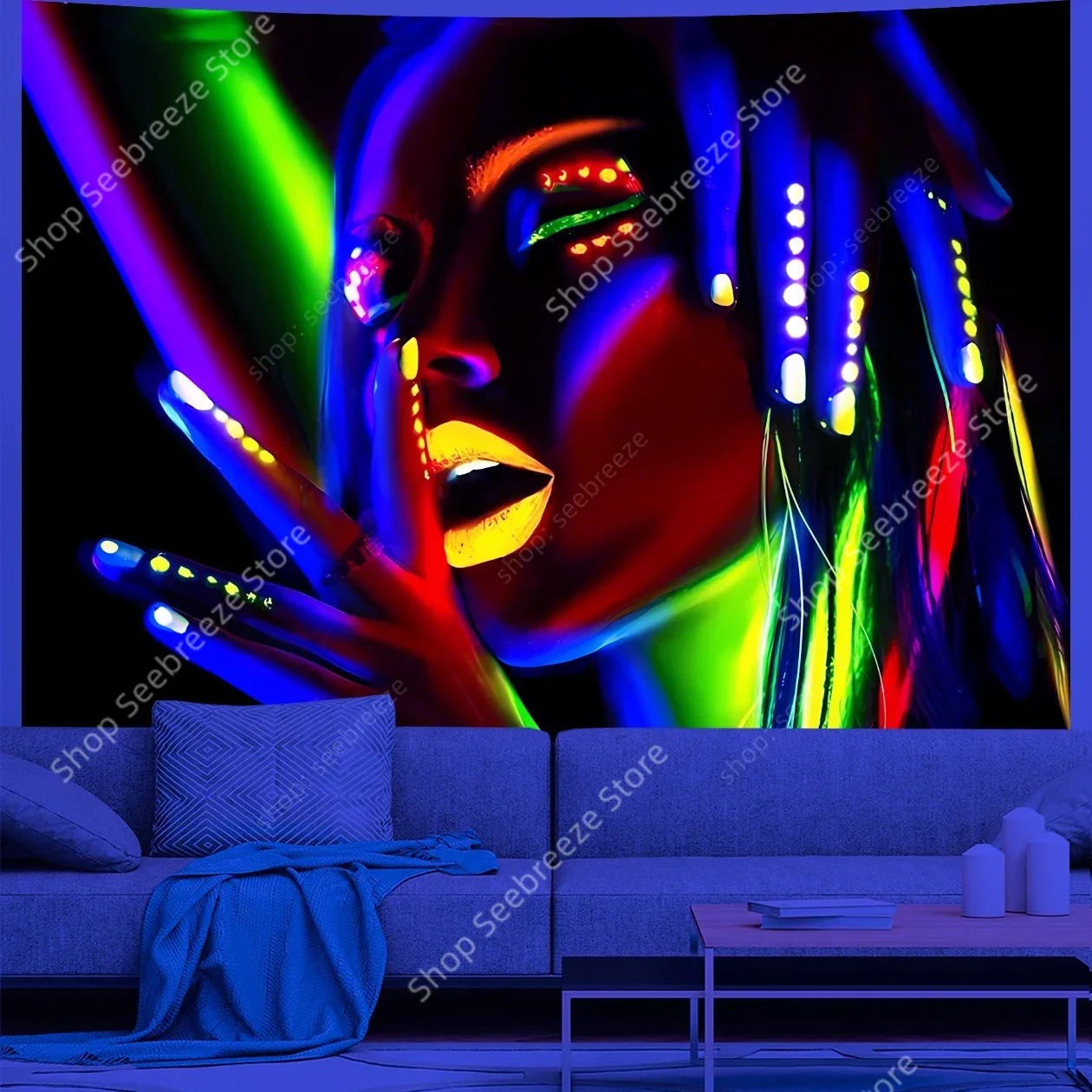 Abstract Dreadlock Girl UV Reactive Tapestry Vibrant Multicolor Wall Art Modern Home Decor for Living Room Bedroom Urban Lofts